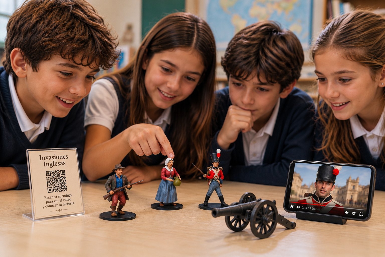 Alumnos observando miniaturas de las Invasiones Inglesas